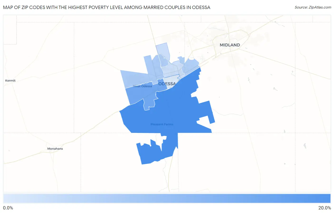 Zip Codes with the Highest Poverty Level Among Married Couples in Odessa Map