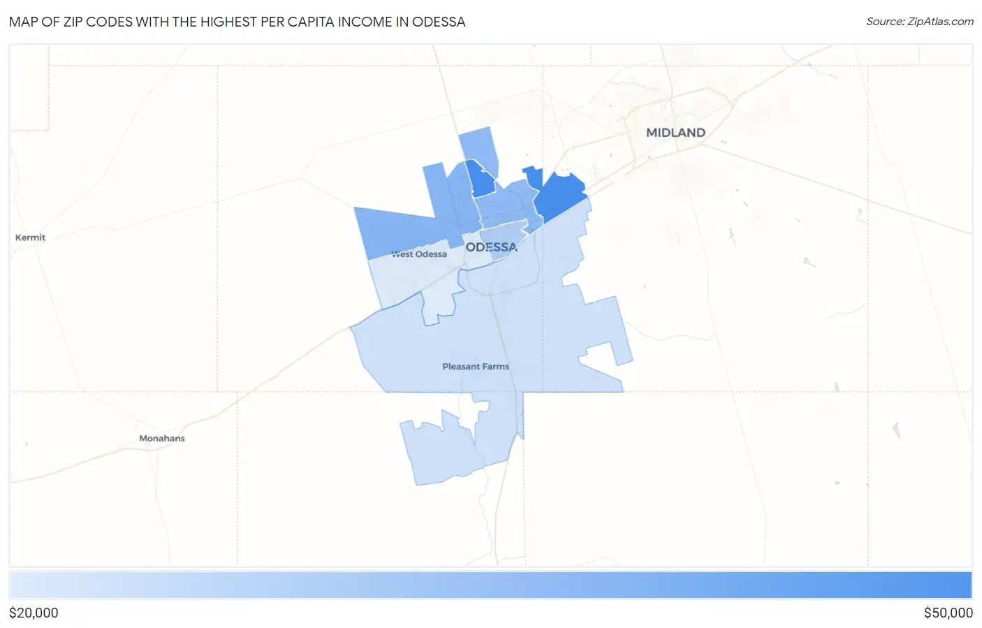 Zip Codes with the Highest Per Capita Income in Odessa Map