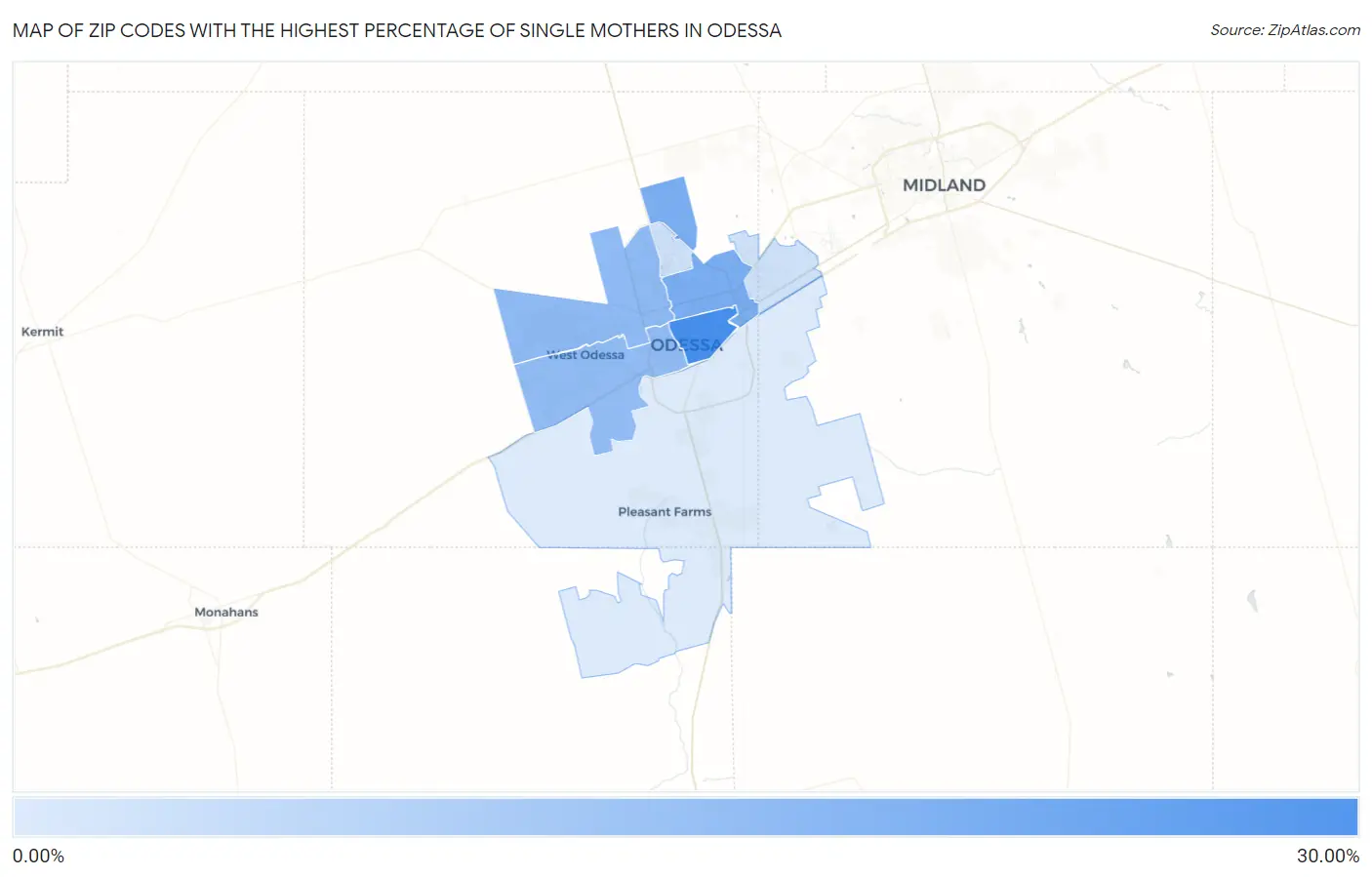 Zip Codes with the Highest Percentage of Single Mothers in Odessa Map