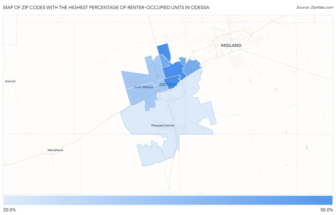Zip Codes with the Highest Percentage of Renter-Occupied Units in Odessa Map