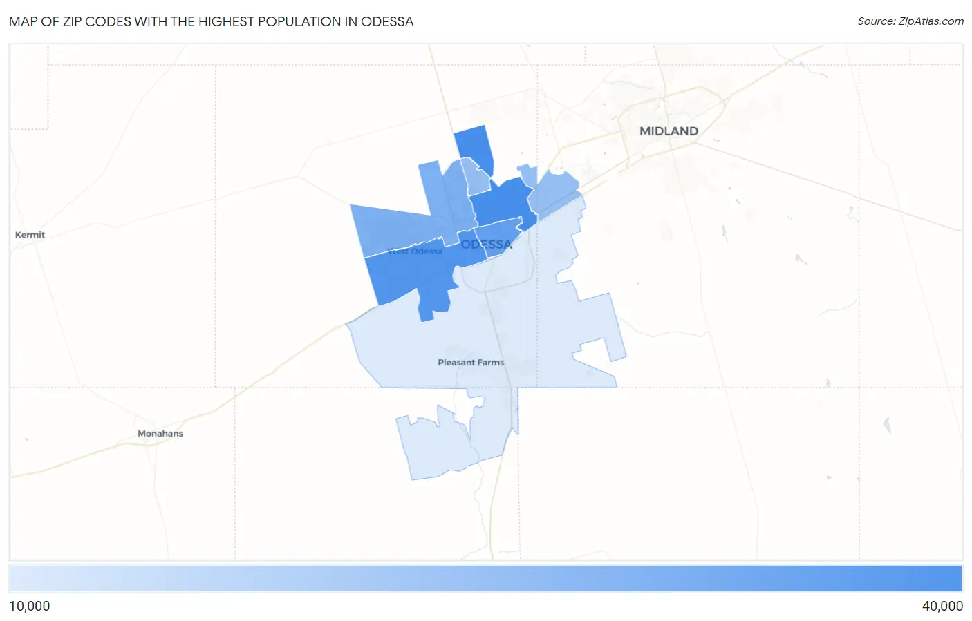 Zip Codes with the Highest Population in Odessa Map