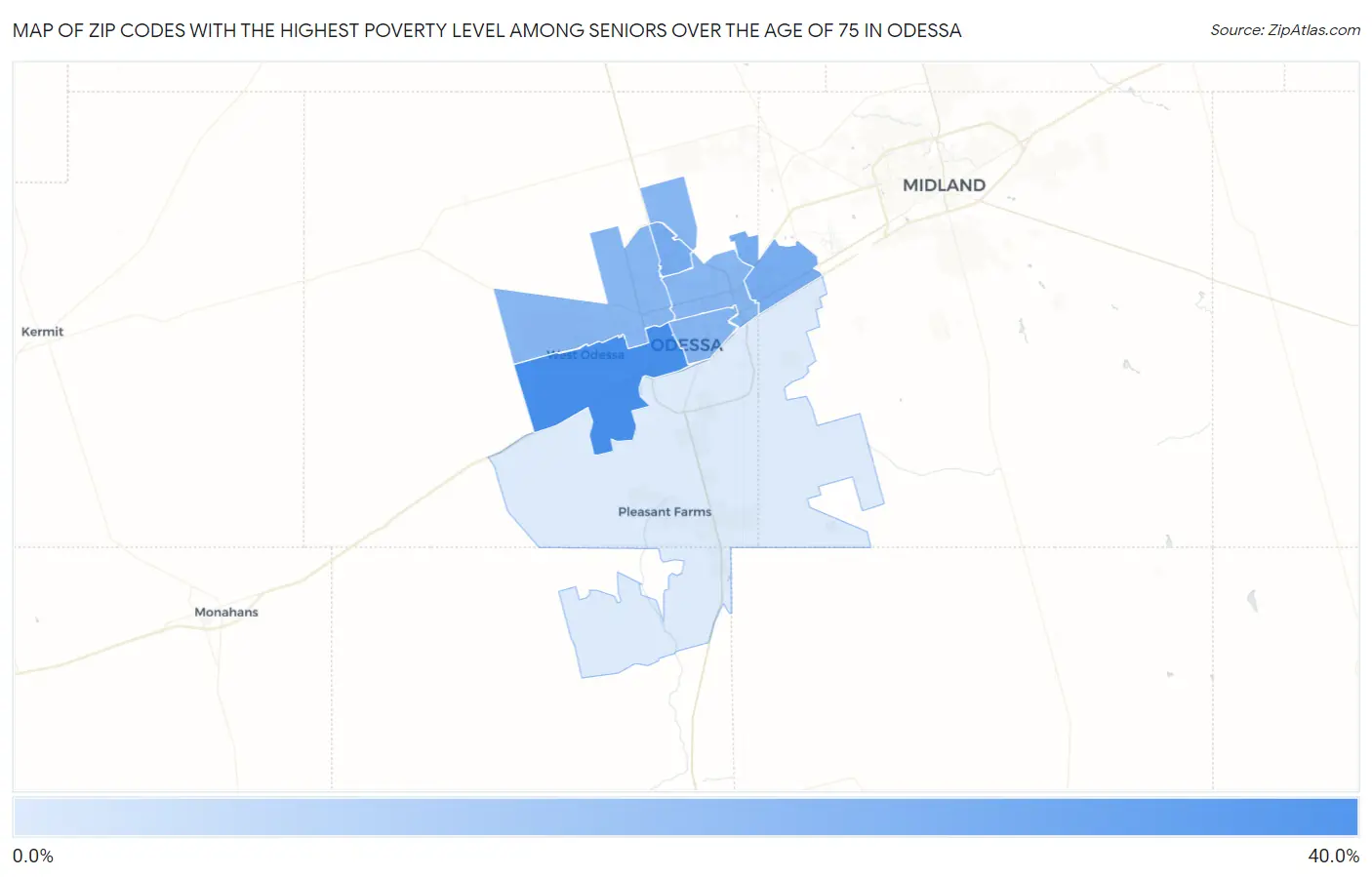 Zip Codes with the Highest Poverty Level Among Seniors Over the Age of 75 in Odessa Map