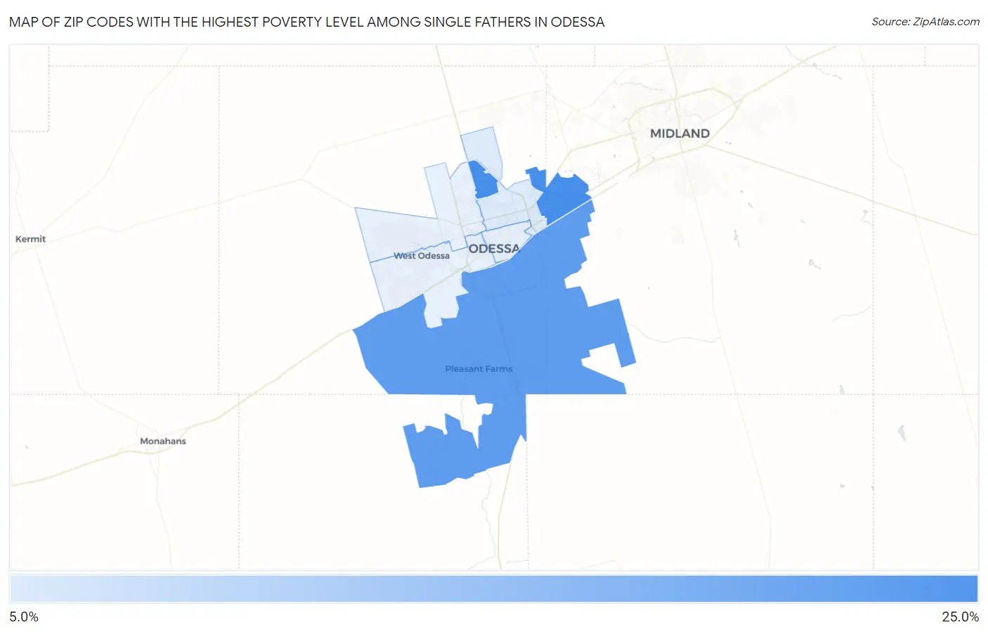 Zip Codes with the Highest Poverty Level Among Single Fathers in Odessa Map