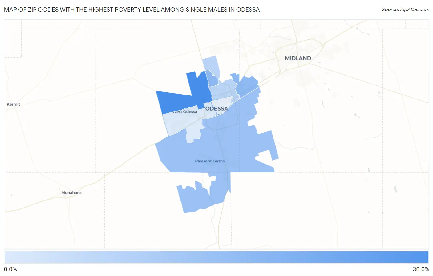 Zip Codes with the Highest Poverty Level Among Single Males in Odessa Map