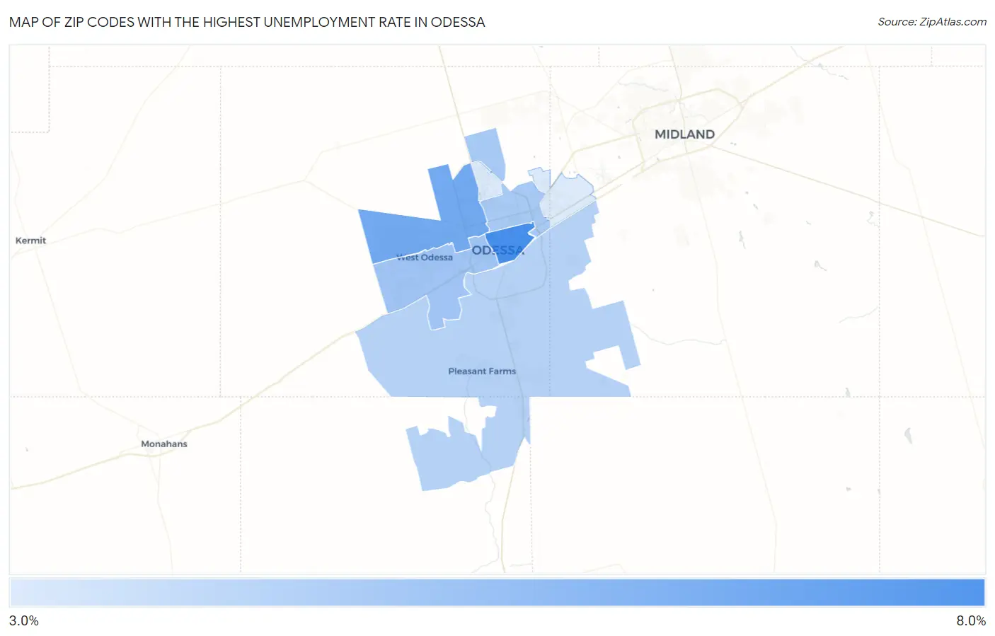 Zip Codes with the Highest Unemployment Rate in Odessa Map