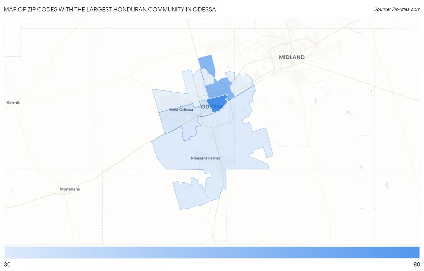 Zip Codes with the Largest Honduran Community in Odessa Map