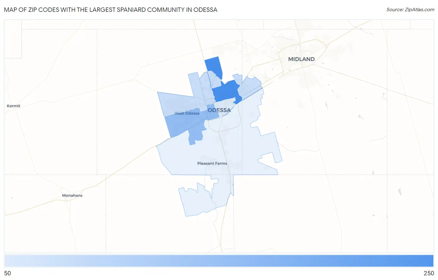 Zip Codes with the Largest Spaniard Community in Odessa Map