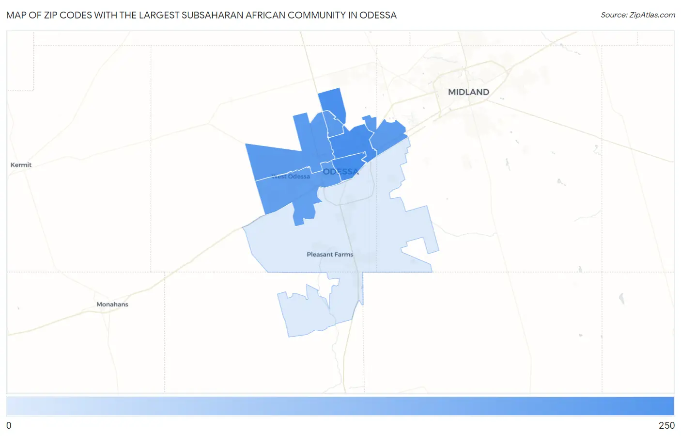 Zip Codes with the Largest Subsaharan African Community in Odessa Map
