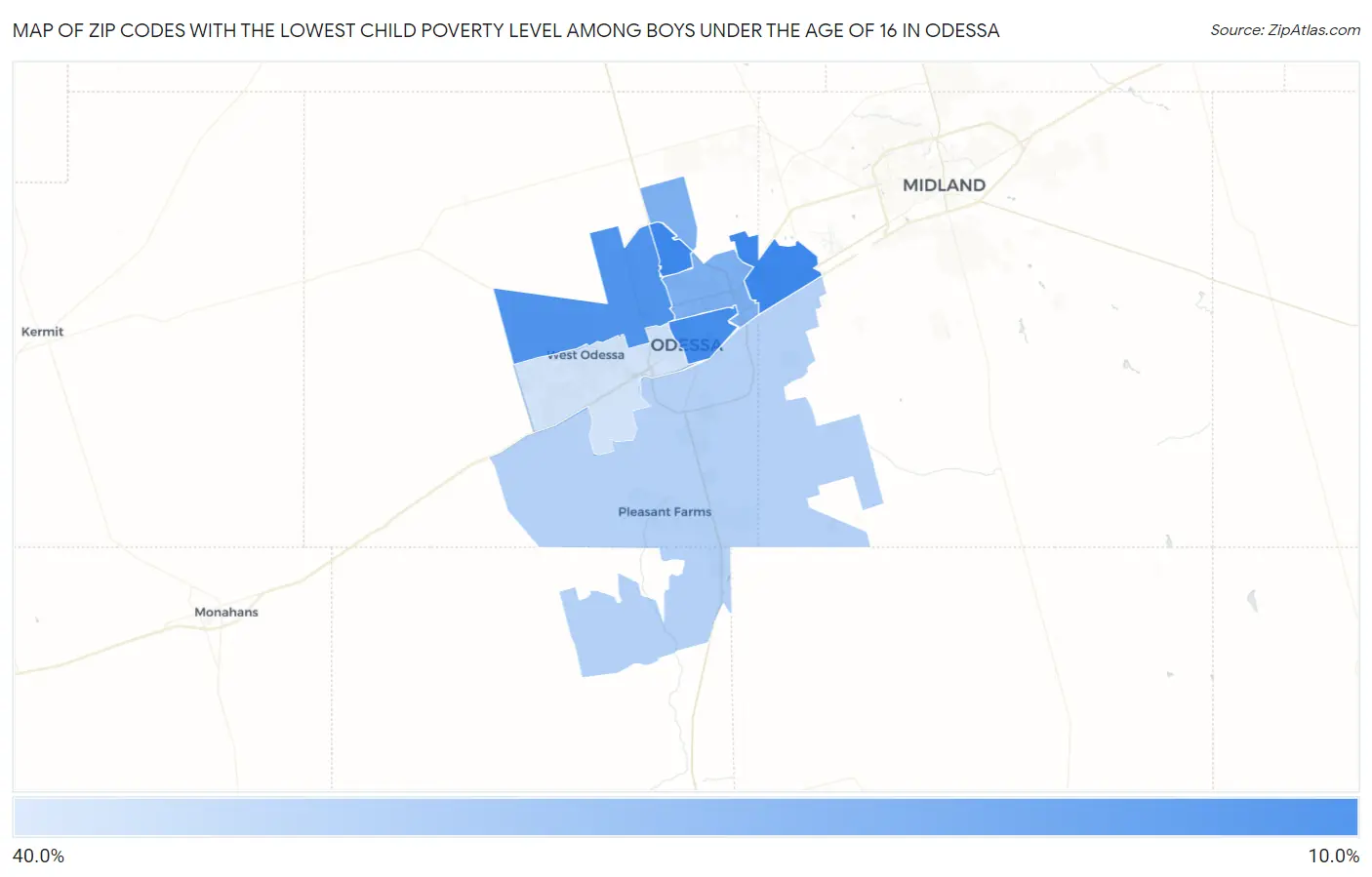 Zip Codes with the Lowest Child Poverty Level Among Boys Under the Age of 16 in Odessa Map