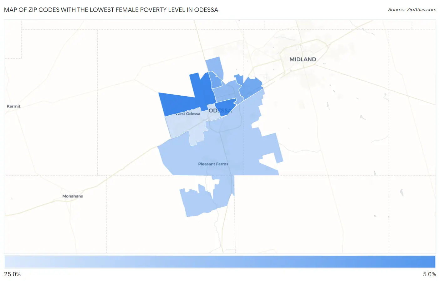 Zip Codes with the Lowest Female Poverty Level in Odessa Map