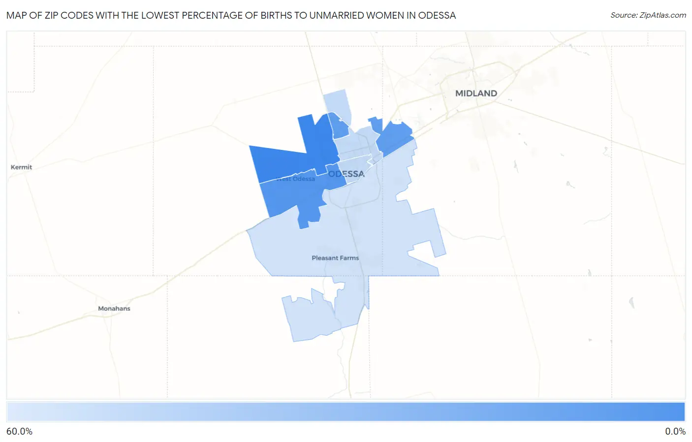 Zip Codes with the Lowest Percentage of Births to Unmarried Women in Odessa Map