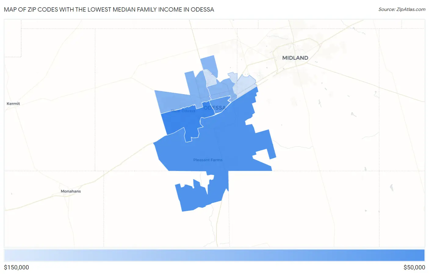 Zip Codes with the Lowest Median Family Income in Odessa Map