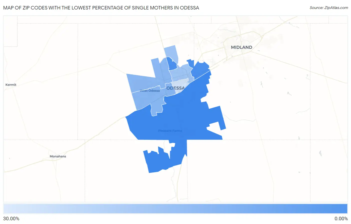 Zip Codes with the Lowest Percentage of Single Mothers in Odessa Map