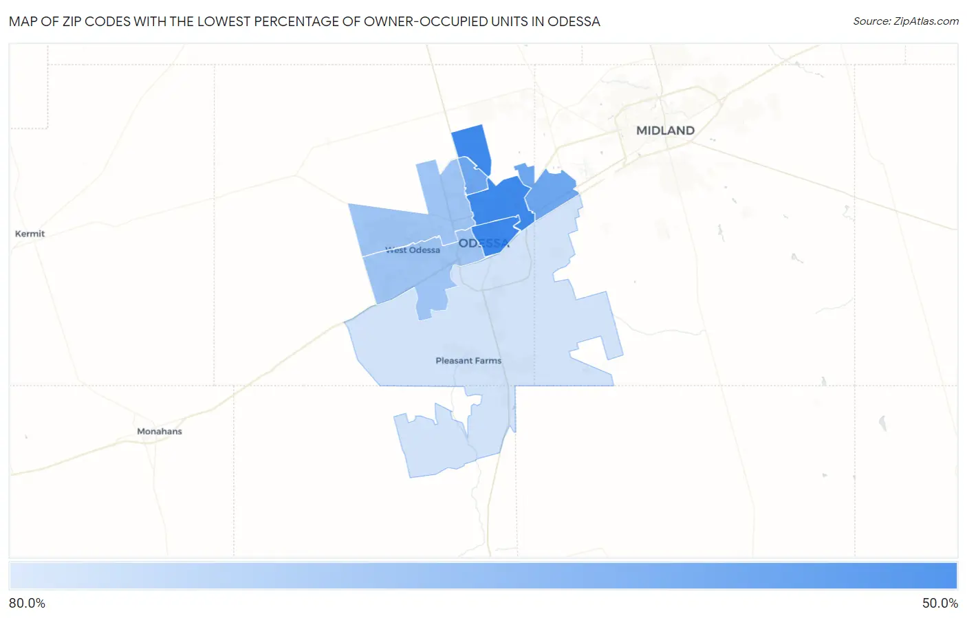 Zip Codes with the Lowest Percentage of Owner-Occupied Units in Odessa Map