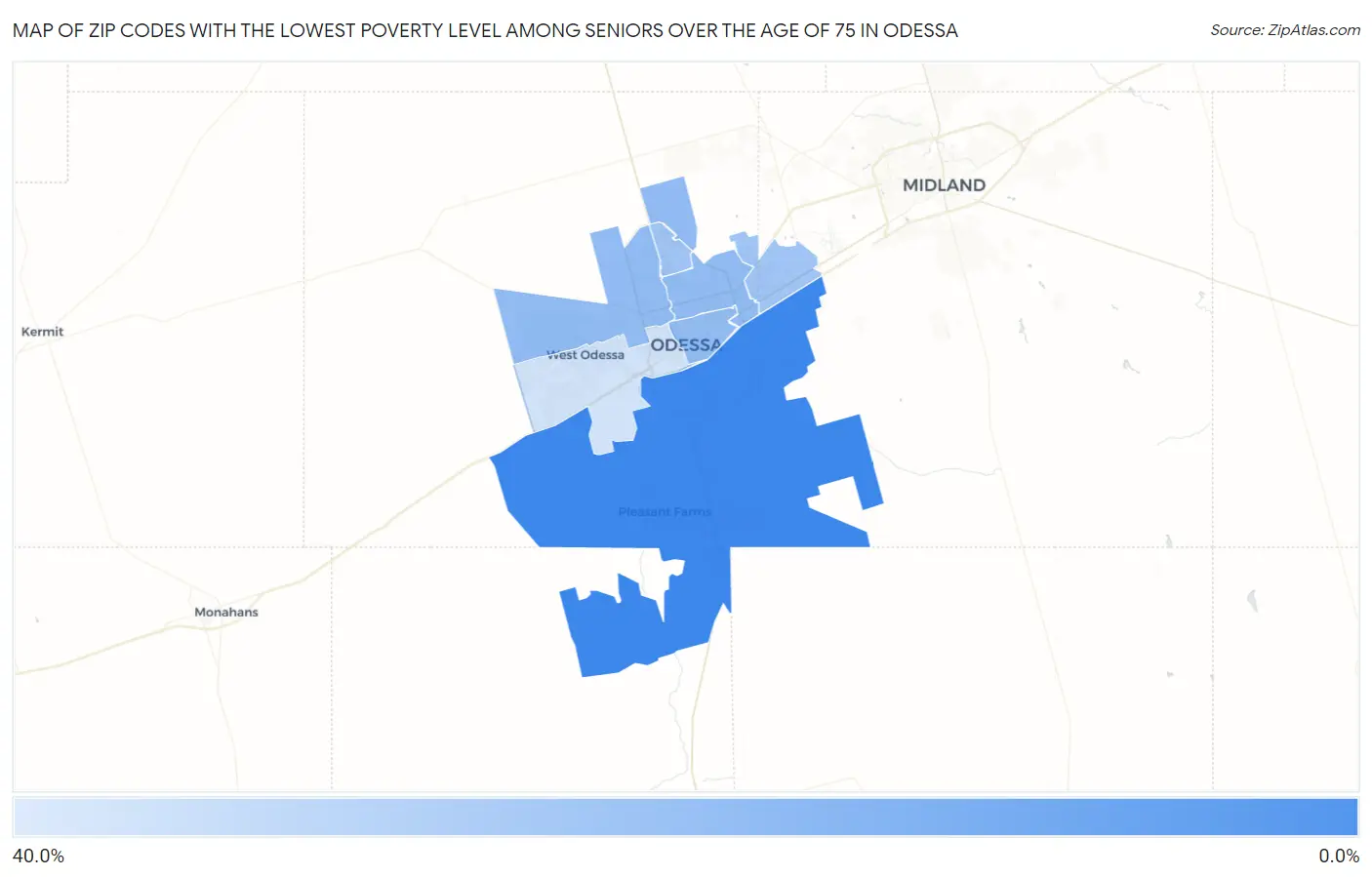 Zip Codes with the Lowest Poverty Level Among Seniors Over the Age of 75 in Odessa Map