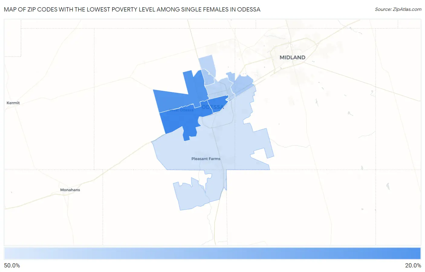 Zip Codes with the Lowest Poverty Level Among Single Females in Odessa Map