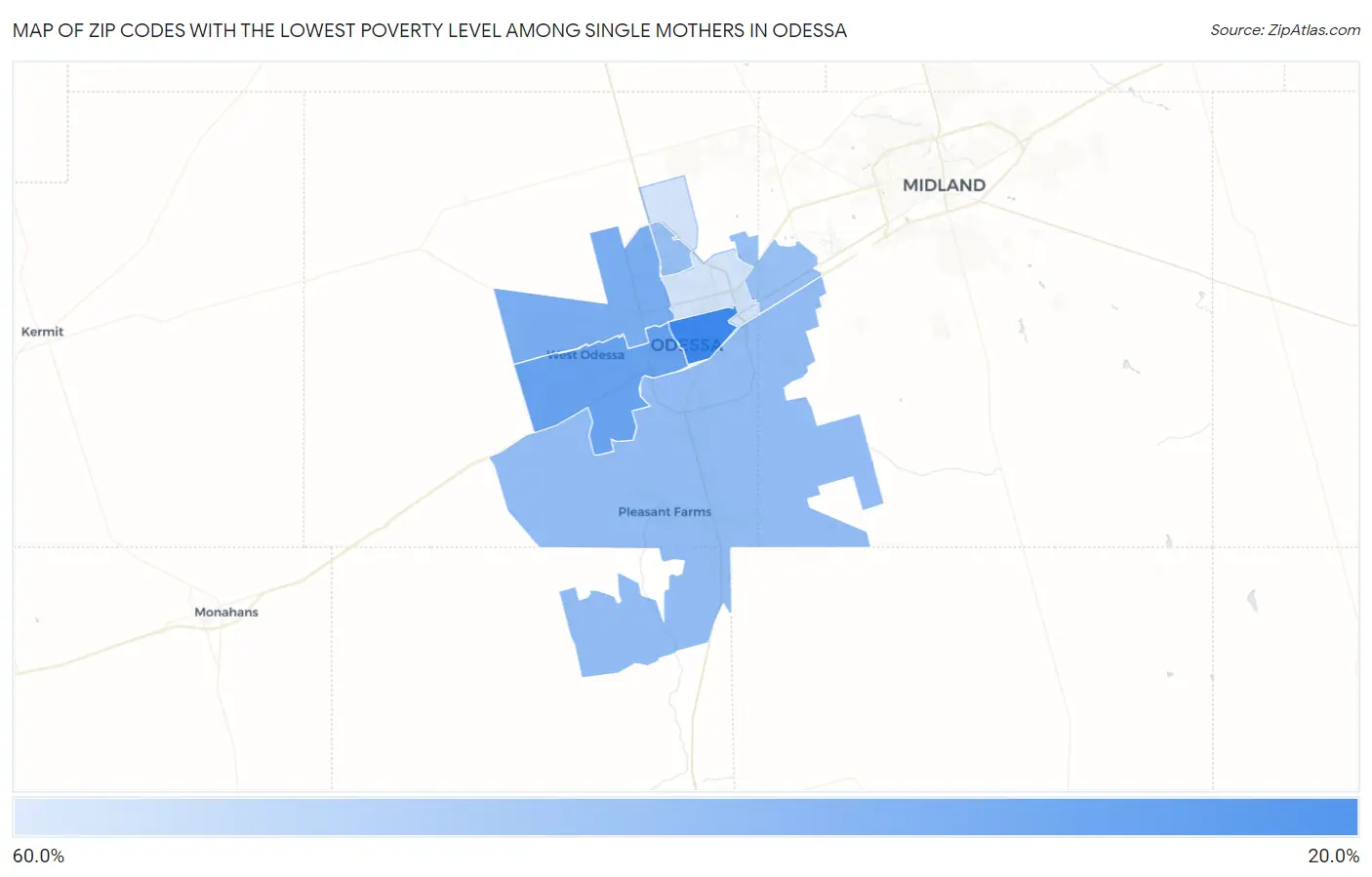 Zip Codes with the Lowest Poverty Level Among Single Mothers in Odessa Map