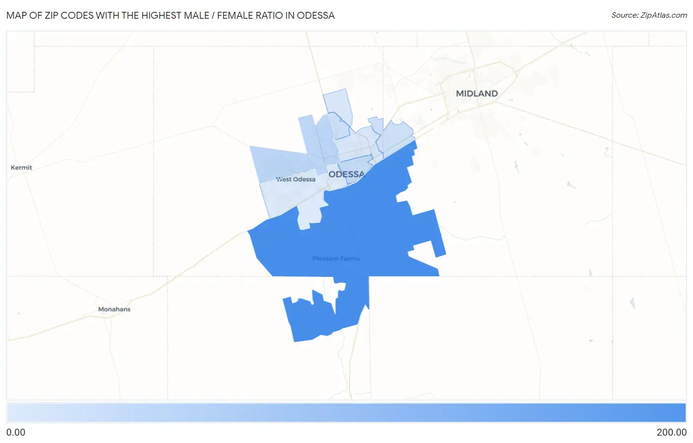 Zip Codes with the Highest Male / Female Ratio in Odessa Map