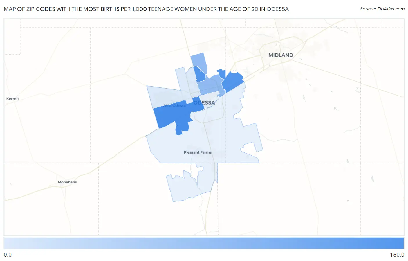 Zip Codes with the Most Births per 1,000 Teenage Women Under the Age of 20 in Odessa Map