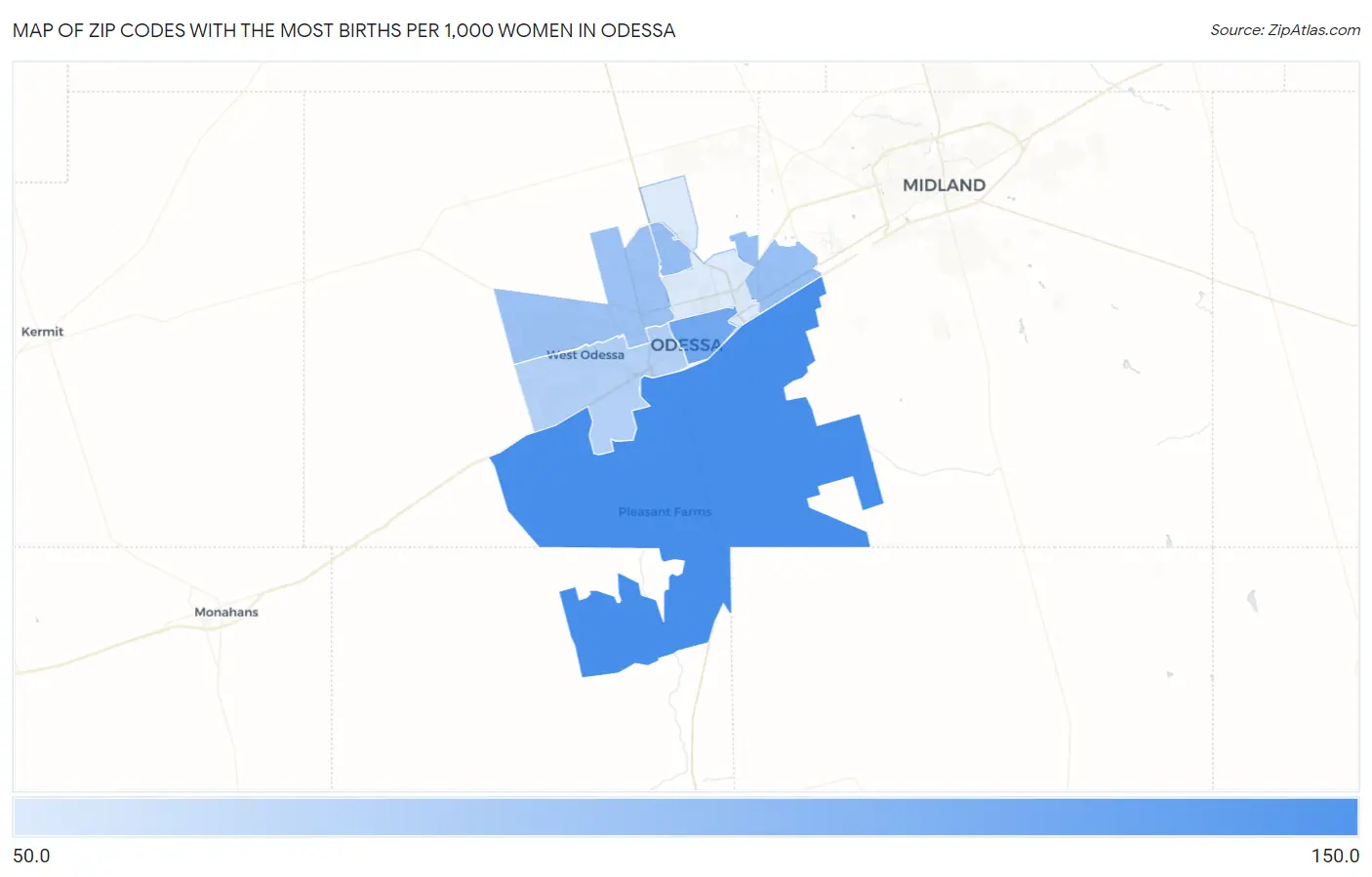 Zip Codes with the Most Births per 1,000 Women in Odessa Map