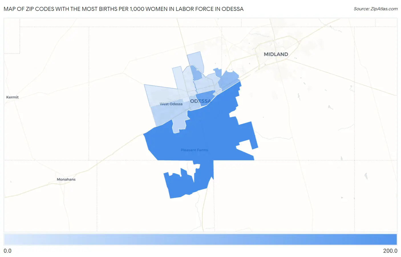 Zip Codes with the Most Births per 1,000 Women in Labor Force in Odessa Map