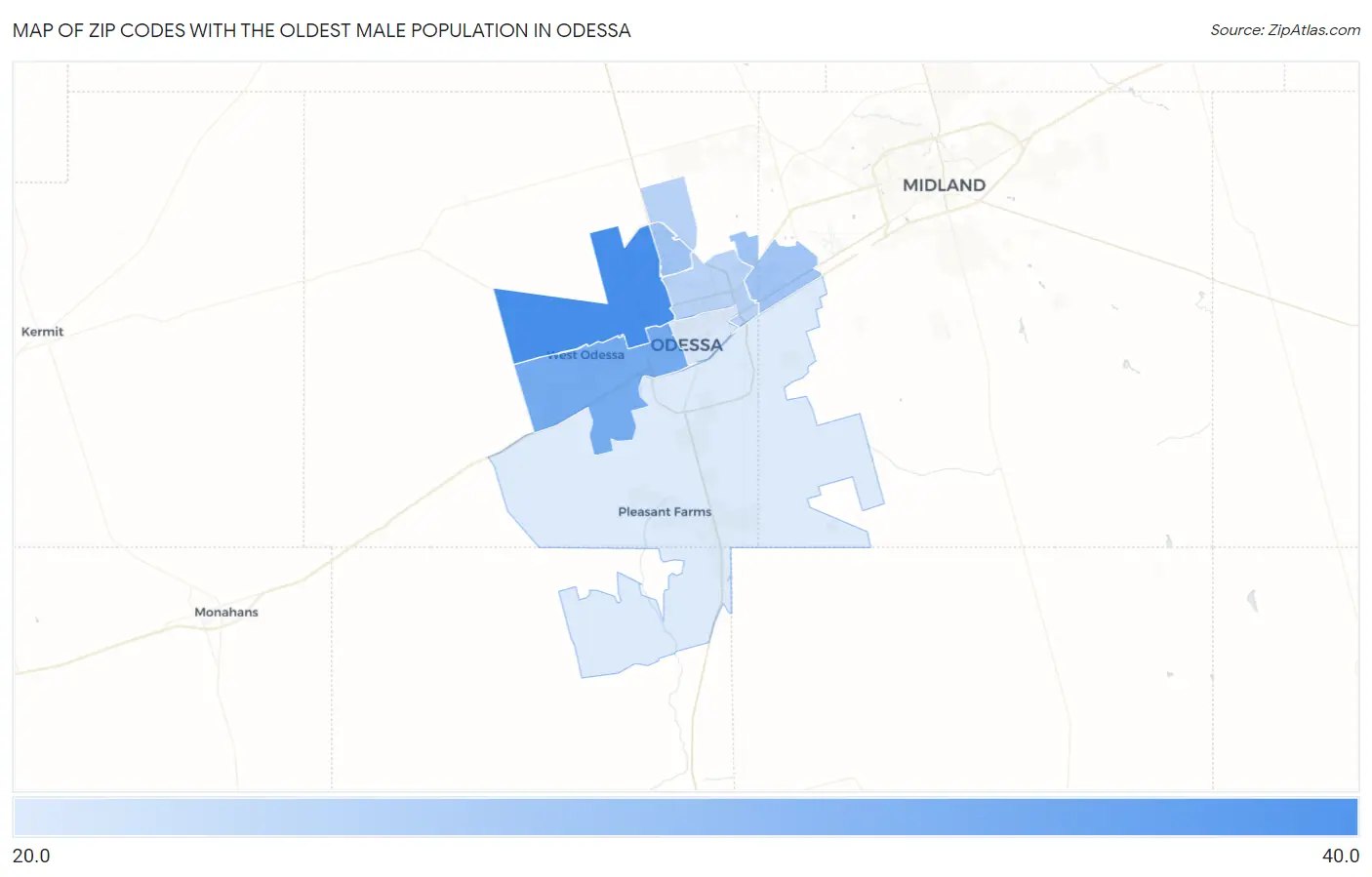 Zip Codes with the Oldest Male Population in Odessa Map