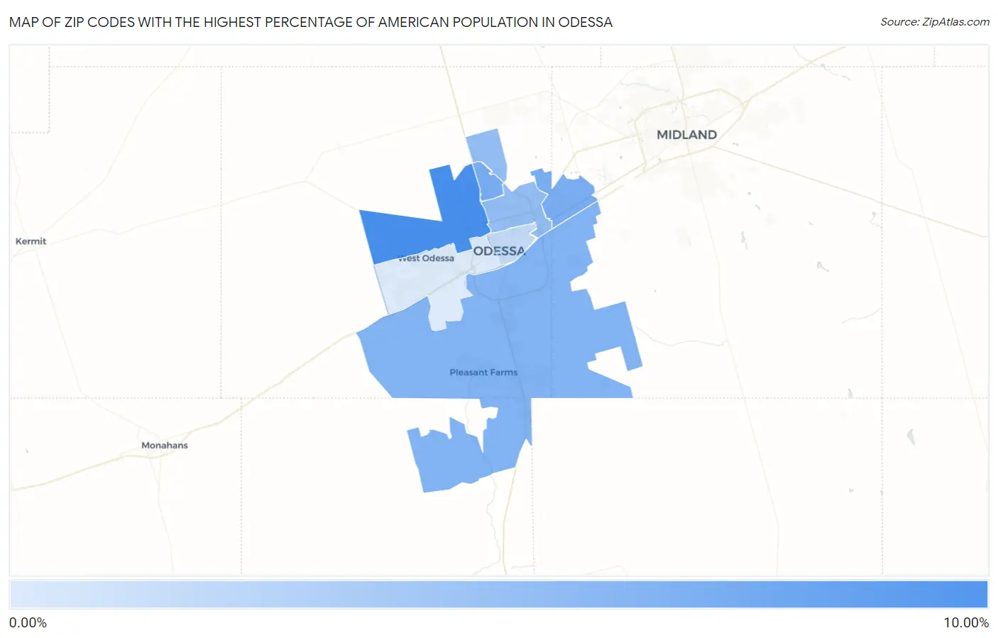 Zip Codes with the Highest Percentage of American Population in Odessa Map