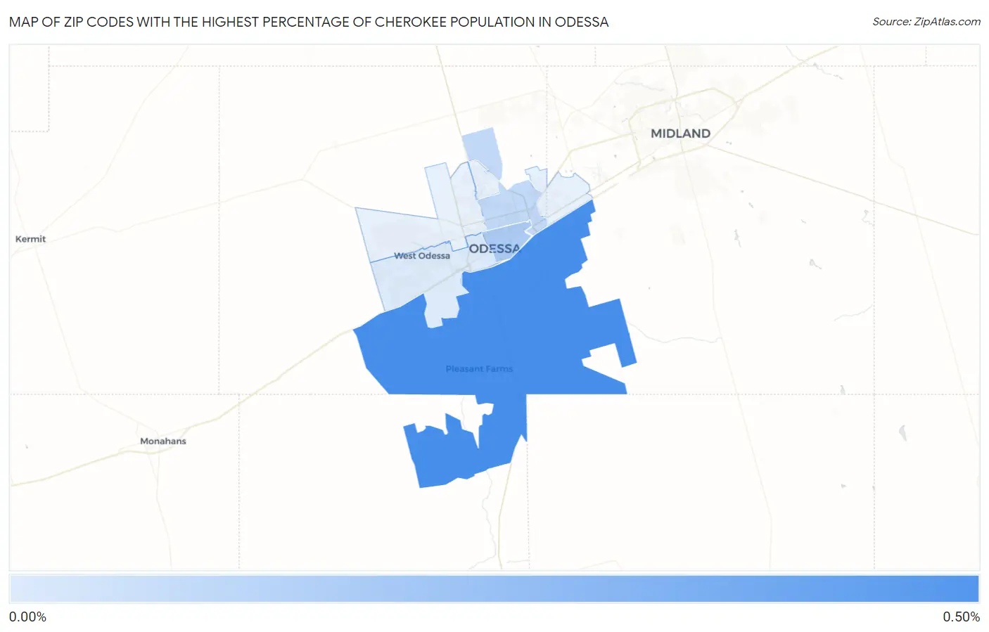Zip Codes with the Highest Percentage of Cherokee Population in Odessa Map