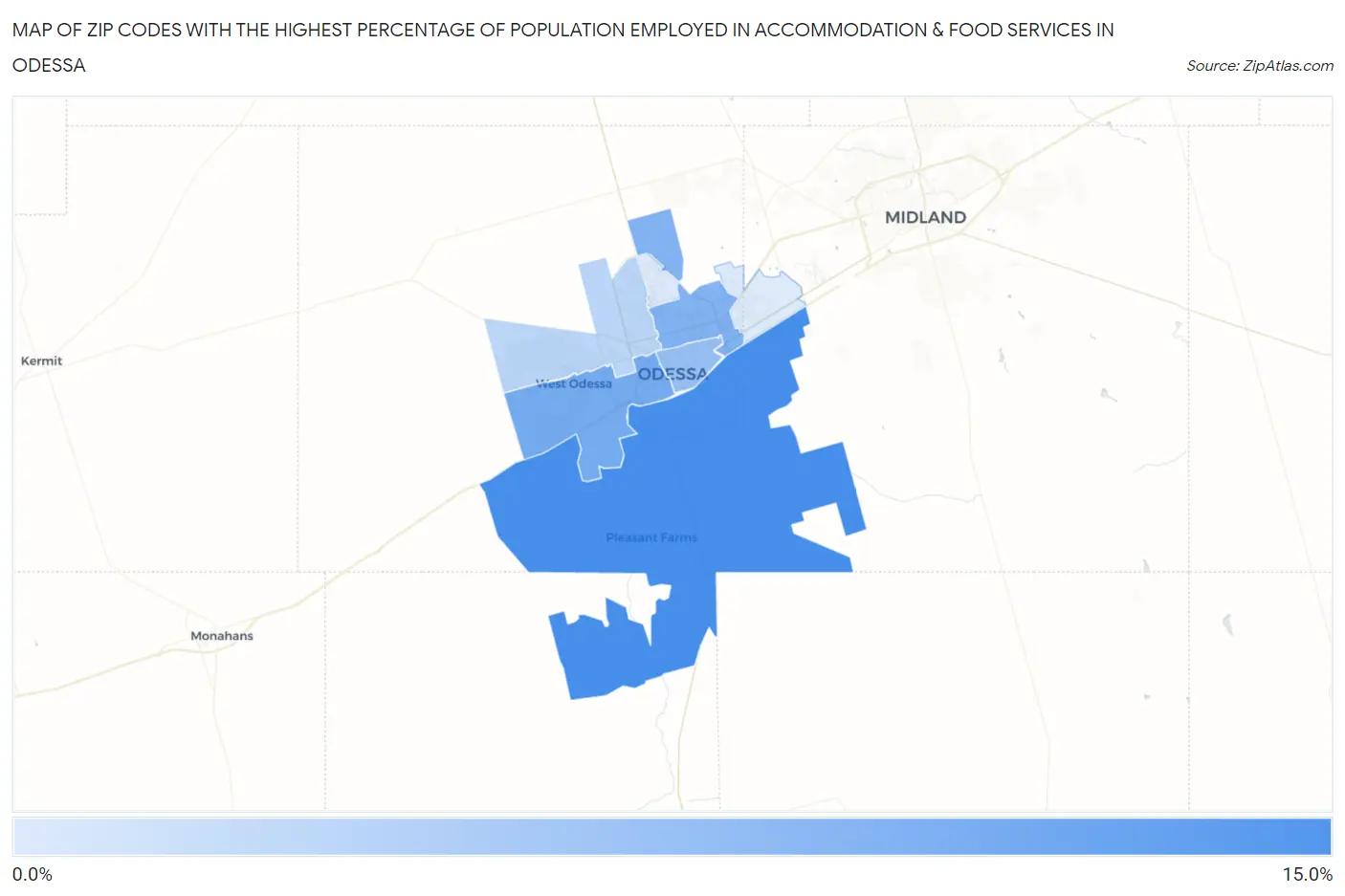 Zip Codes with the Highest Percentage of Population Employed in Accommodation & Food Services in Odessa Map