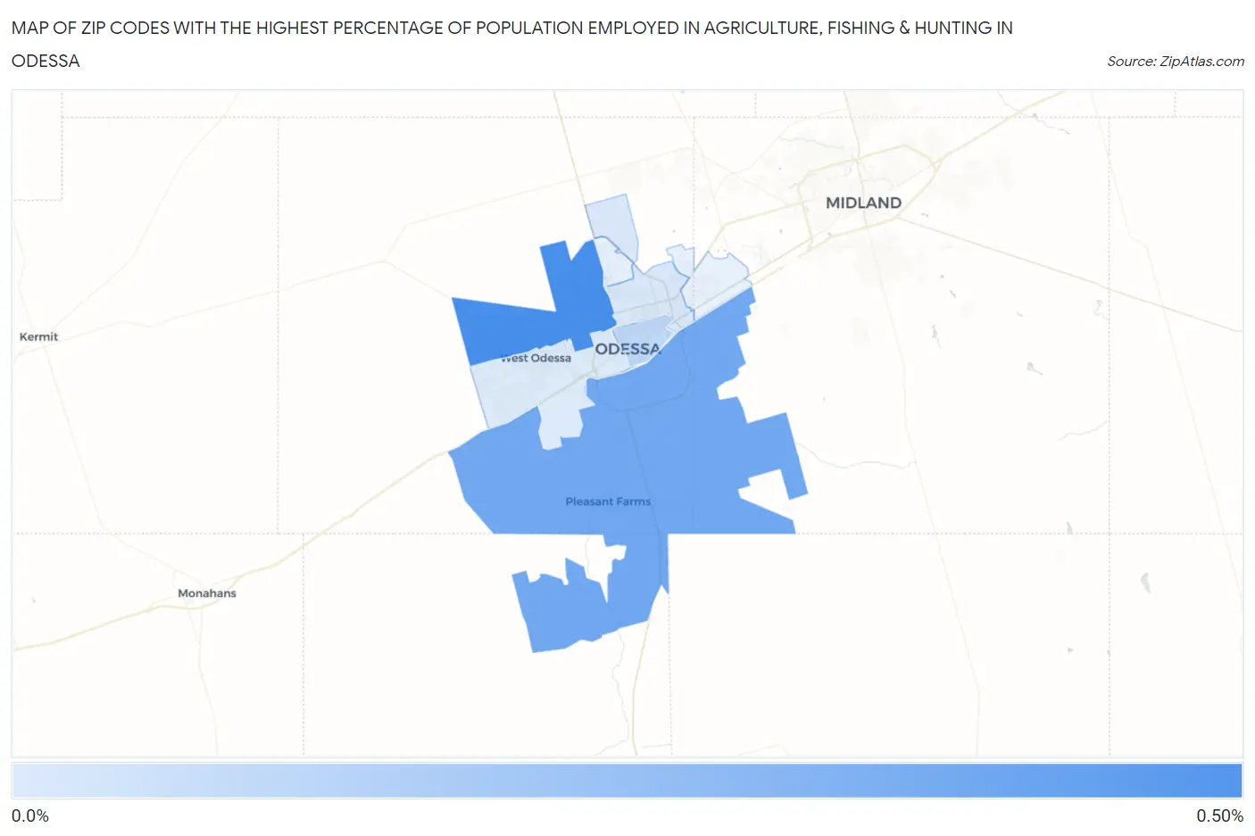 Zip Codes with the Highest Percentage of Population Employed in Agriculture, Fishing & Hunting in Odessa Map