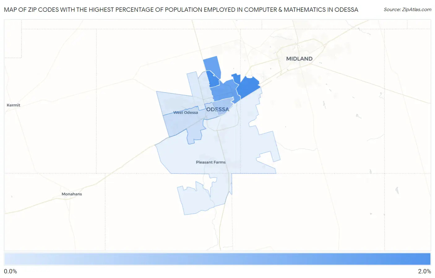 Zip Codes with the Highest Percentage of Population Employed in Computer & Mathematics in Odessa Map