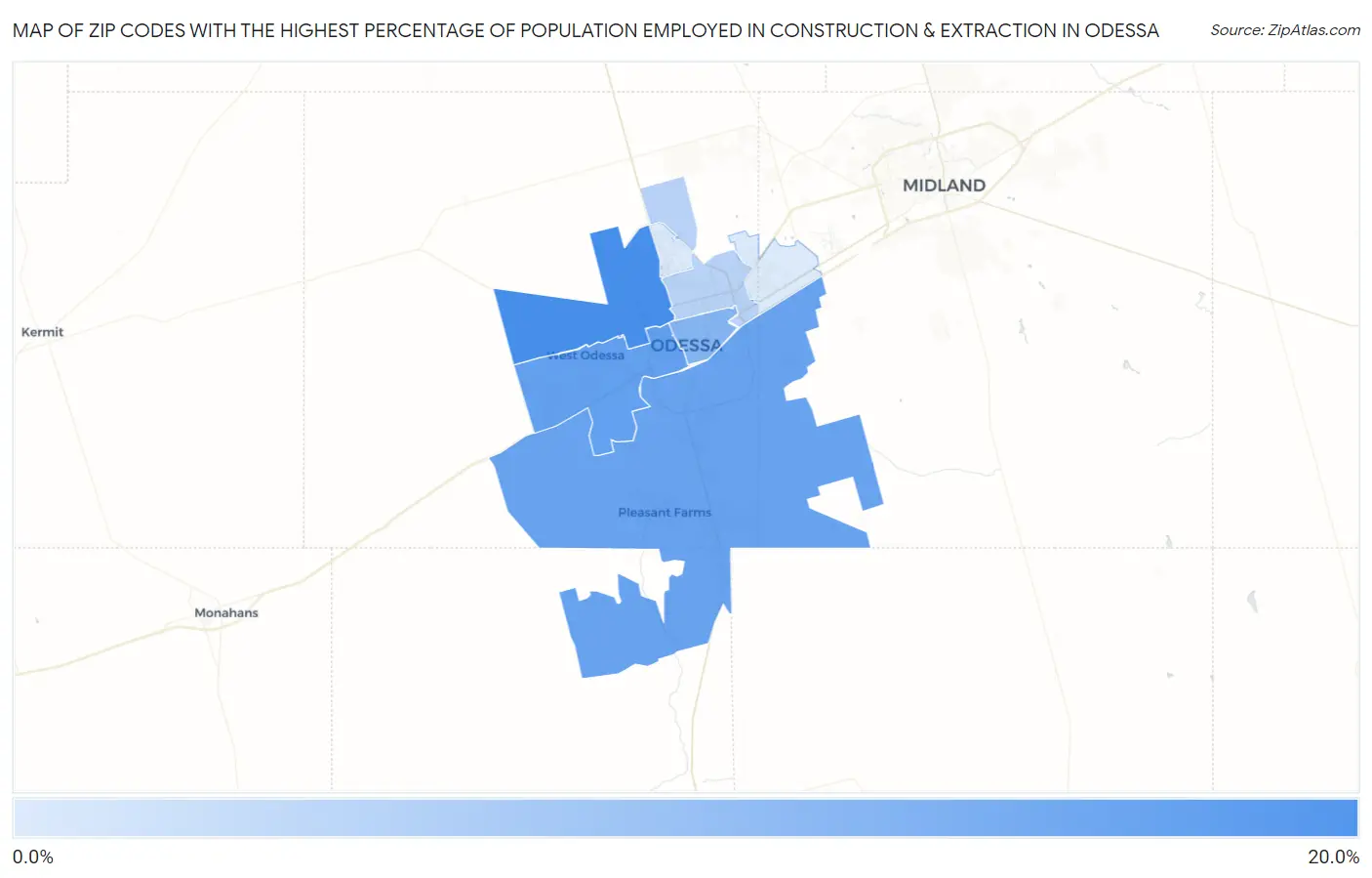 Zip Codes with the Highest Percentage of Population Employed in Construction & Extraction in Odessa Map