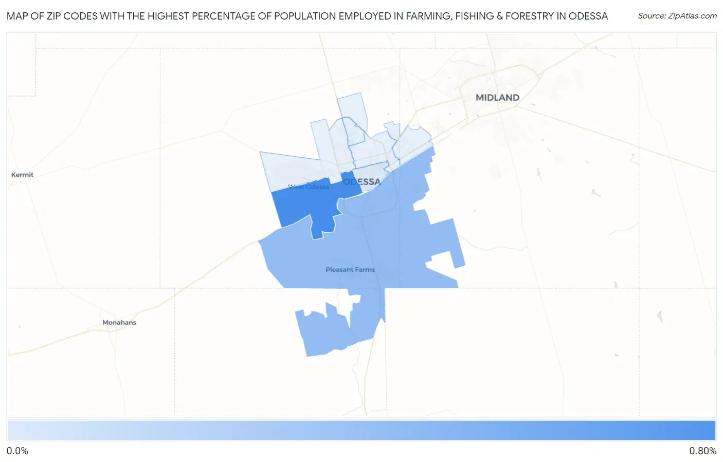 Zip Codes with the Highest Percentage of Population Employed in Farming, Fishing & Forestry in Odessa Map