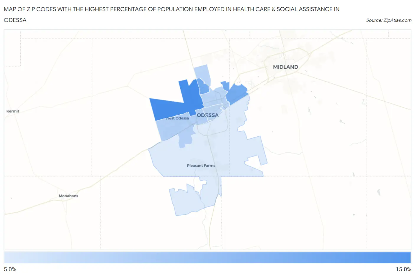 Zip Codes with the Highest Percentage of Population Employed in Health Care & Social Assistance in Odessa Map