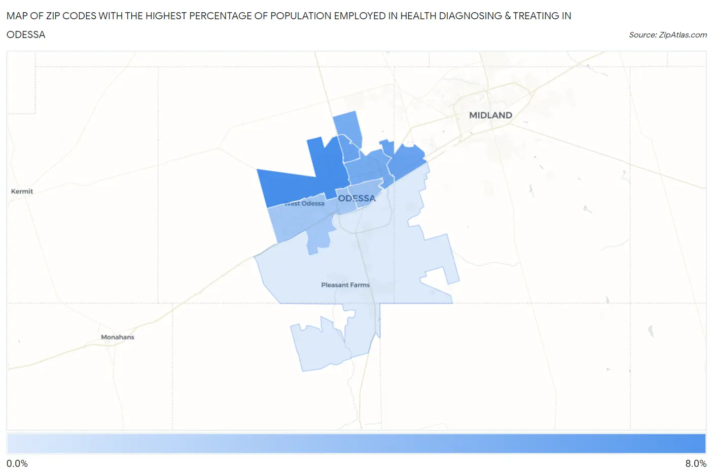 Zip Codes with the Highest Percentage of Population Employed in Health Diagnosing & Treating in Odessa Map