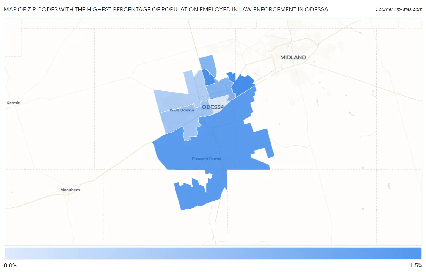 Zip Codes with the Highest Percentage of Population Employed in Law Enforcement in Odessa Map