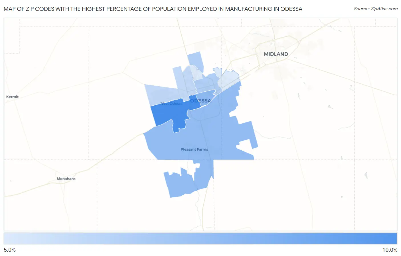 Zip Codes with the Highest Percentage of Population Employed in Manufacturing in Odessa Map