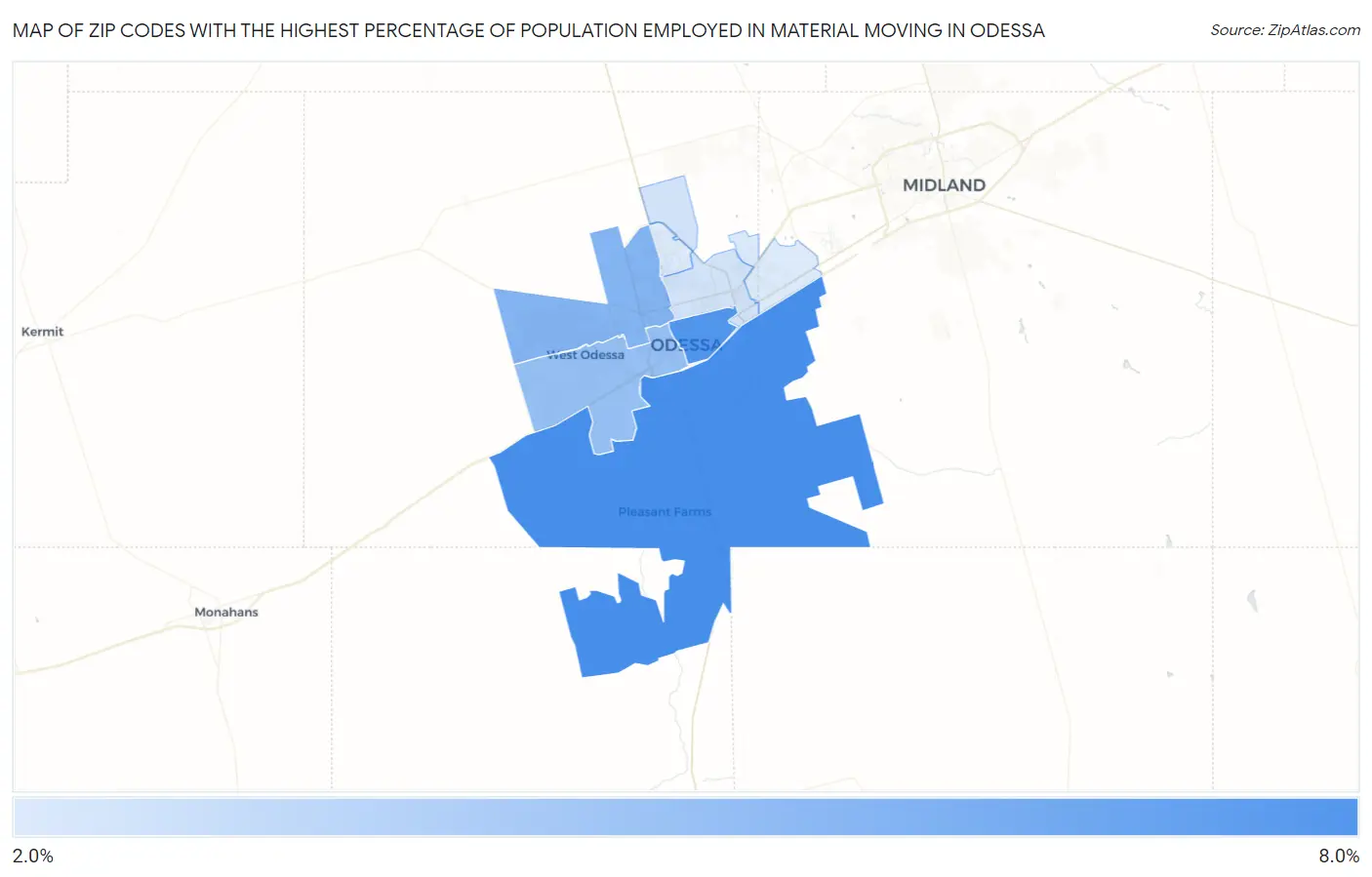 Zip Codes with the Highest Percentage of Population Employed in Material Moving in Odessa Map