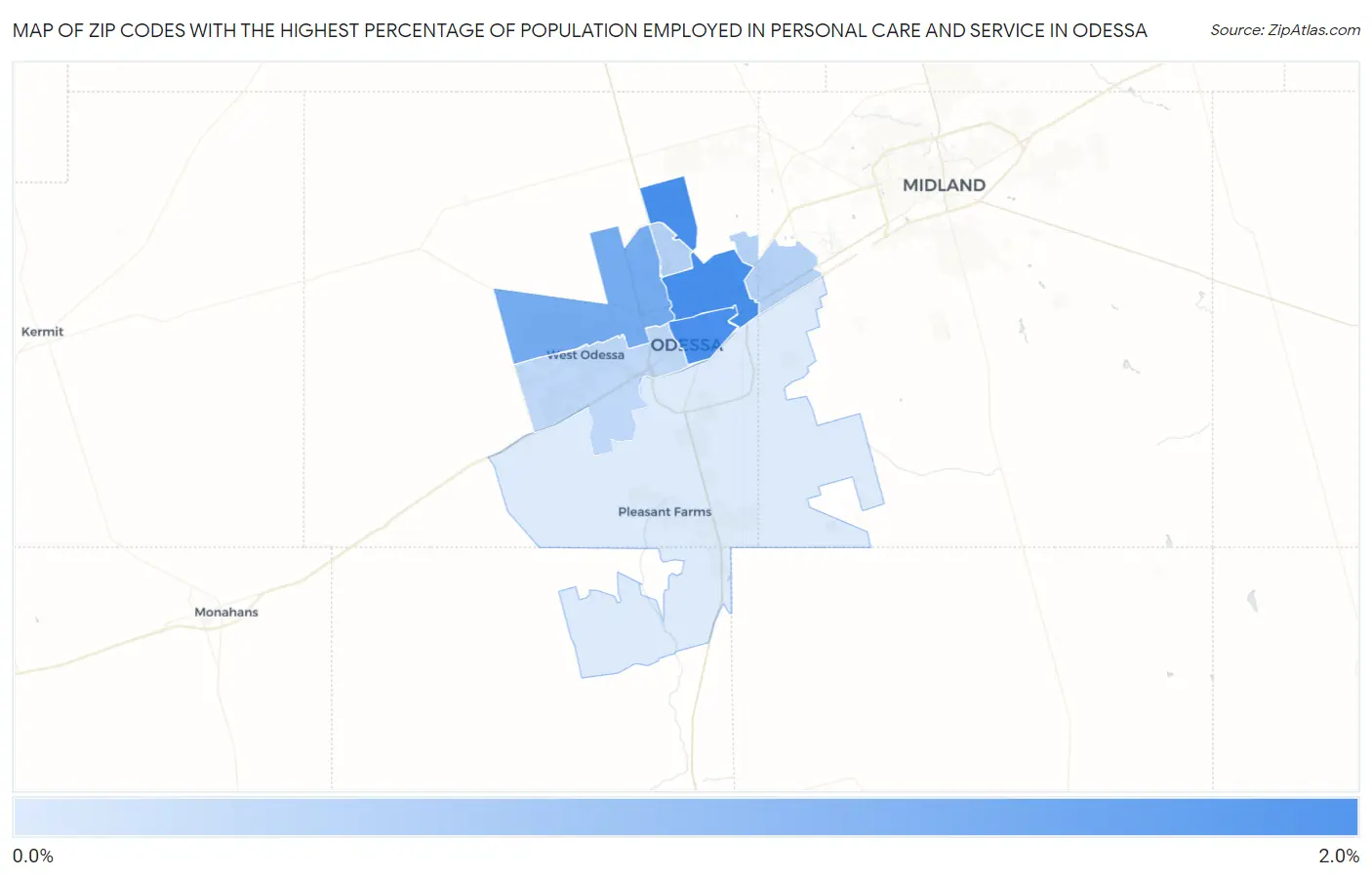 Zip Codes with the Highest Percentage of Population Employed in Personal Care and Service in Odessa Map