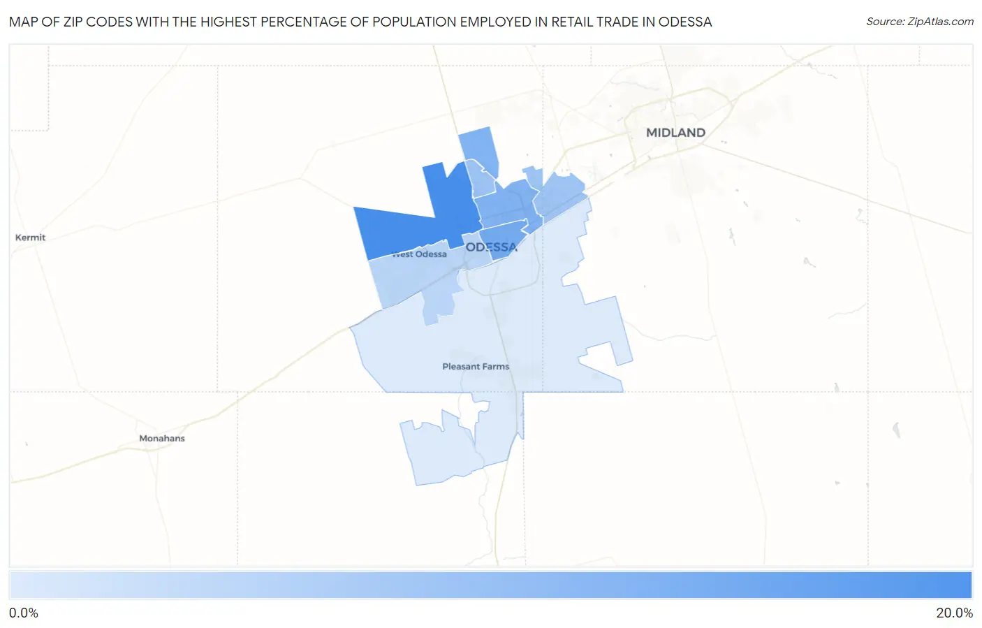 Zip Codes with the Highest Percentage of Population Employed in Retail Trade in Odessa Map