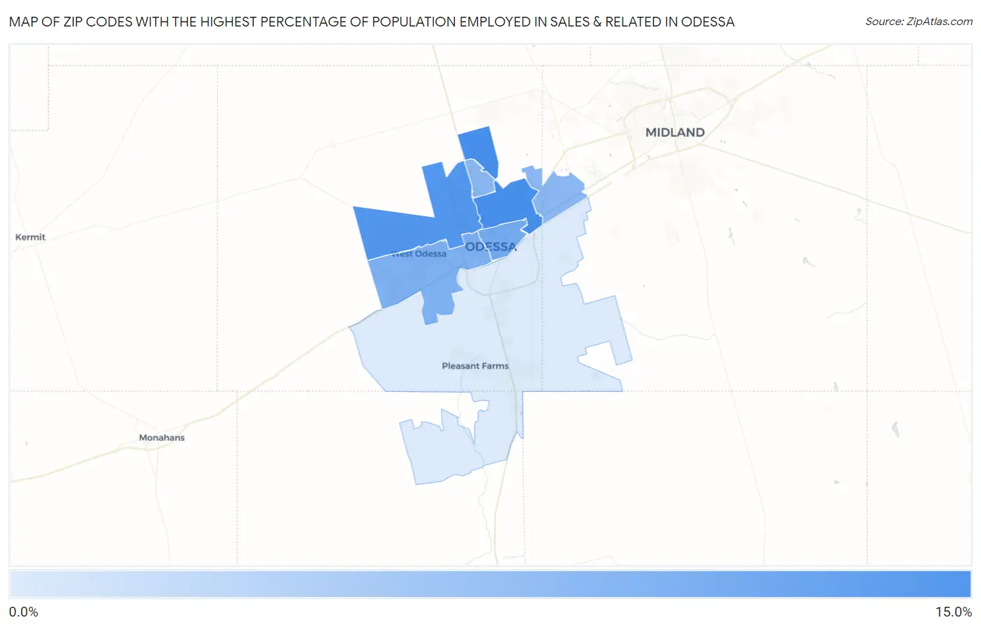 Zip Codes with the Highest Percentage of Population Employed in Sales & Related in Odessa Map