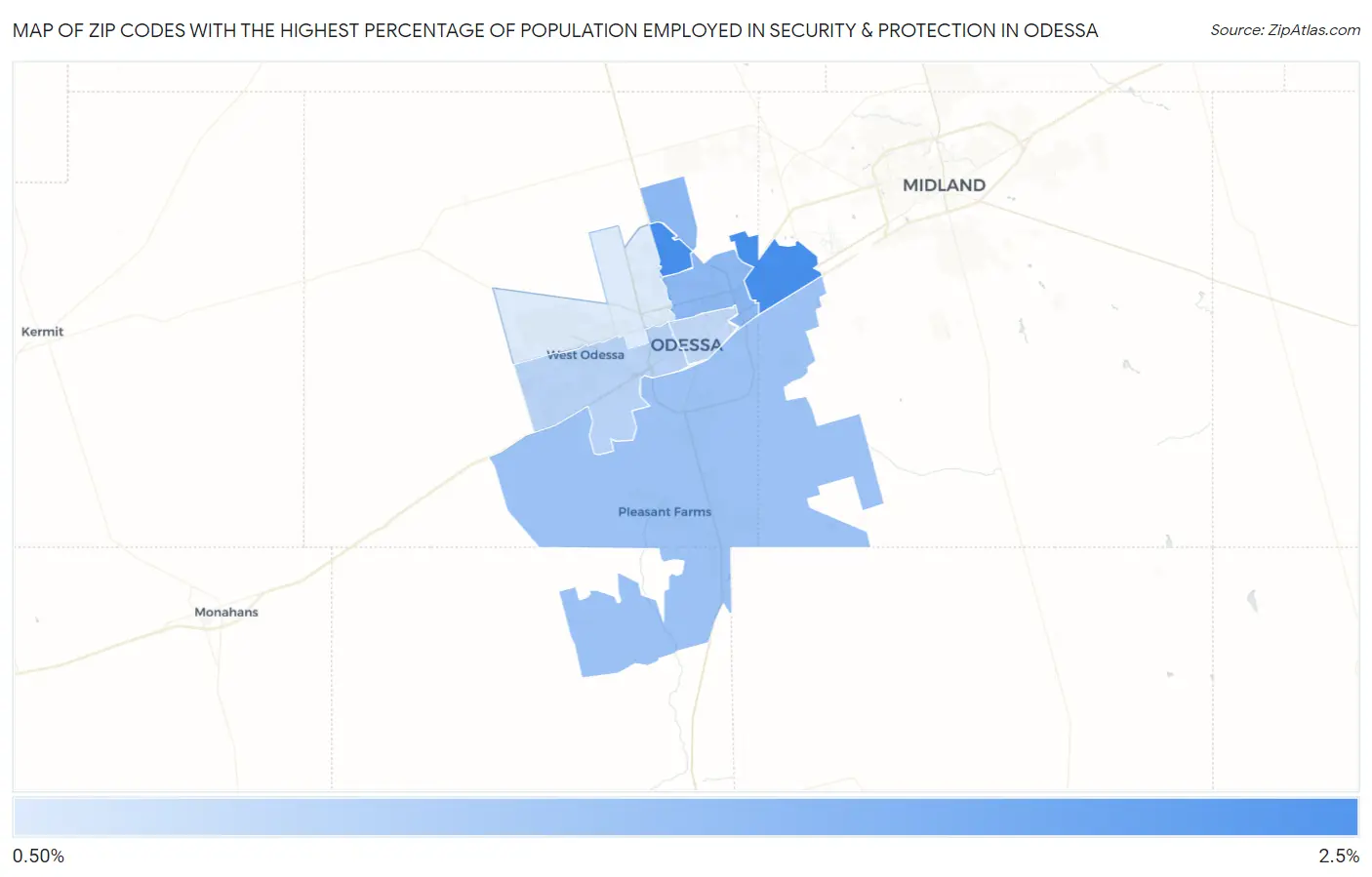 Zip Codes with the Highest Percentage of Population Employed in Security & Protection in Odessa Map