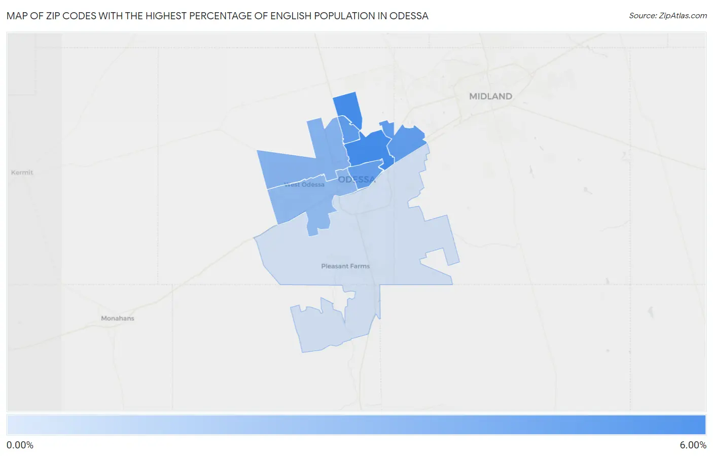 Zip Codes with the Highest Percentage of English Population in Odessa Map