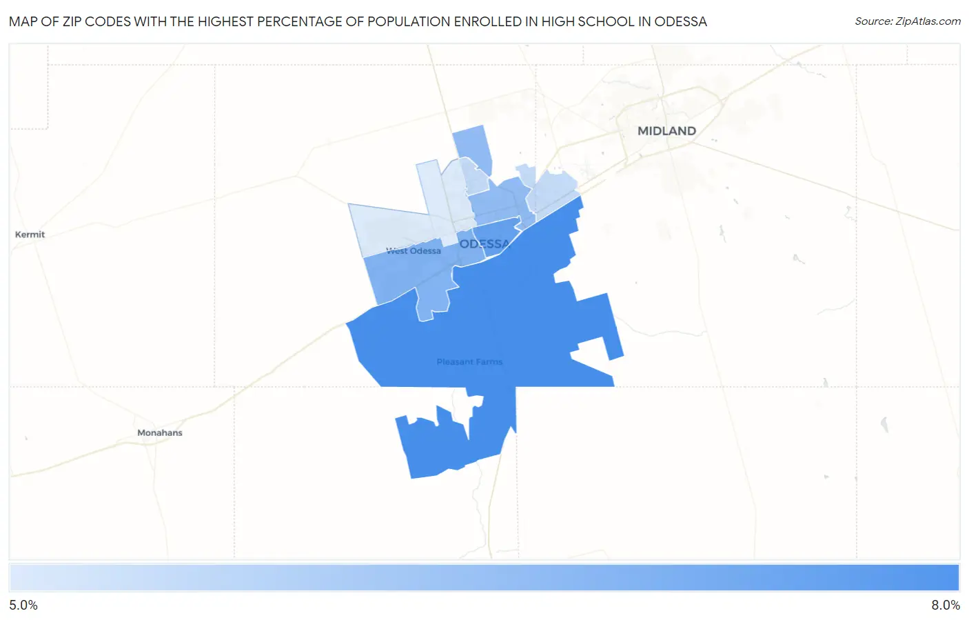 Zip Codes with the Highest Percentage of Population Enrolled in High School in Odessa Map