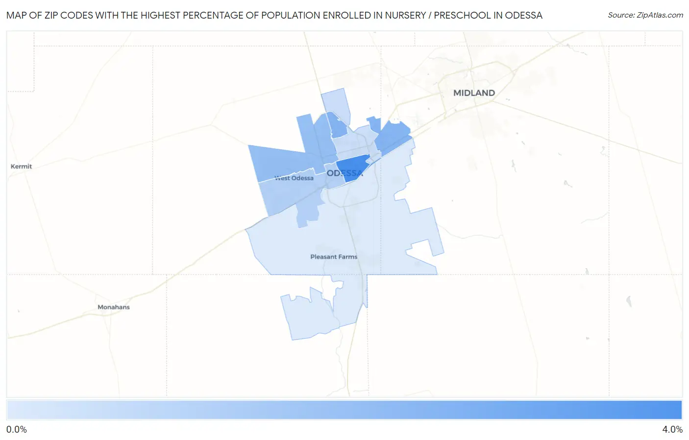 Zip Codes with the Highest Percentage of Population Enrolled in Nursery / Preschool in Odessa Map