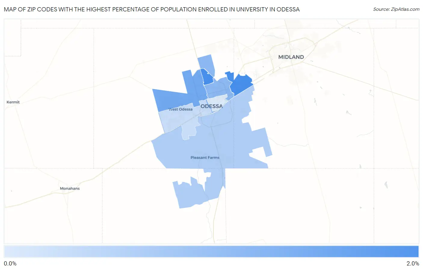 Zip Codes with the Highest Percentage of Population Enrolled in University in Odessa Map