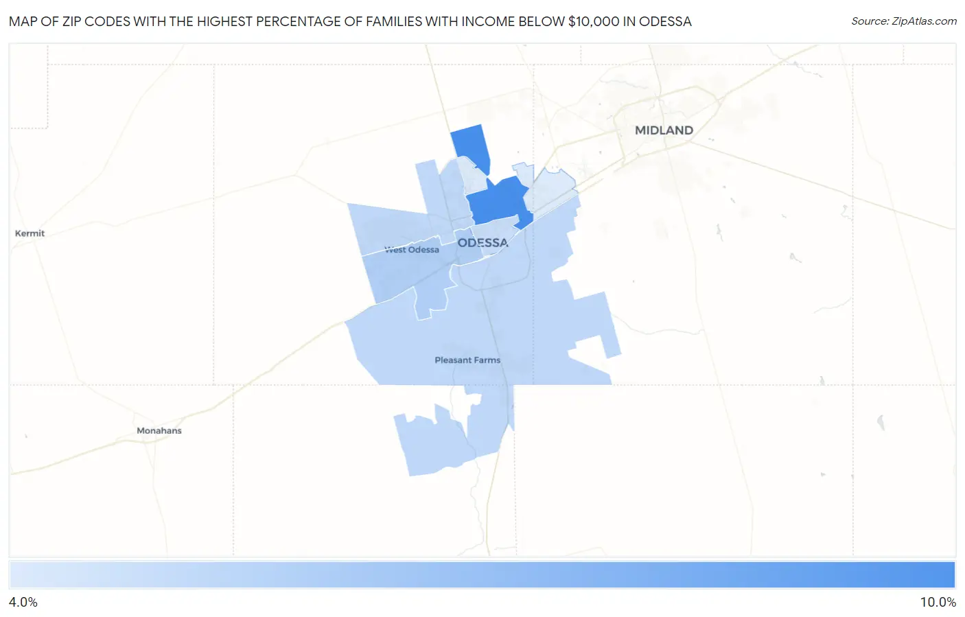 Zip Codes with the Highest Percentage of Families with Income Below $10,000 in Odessa Map