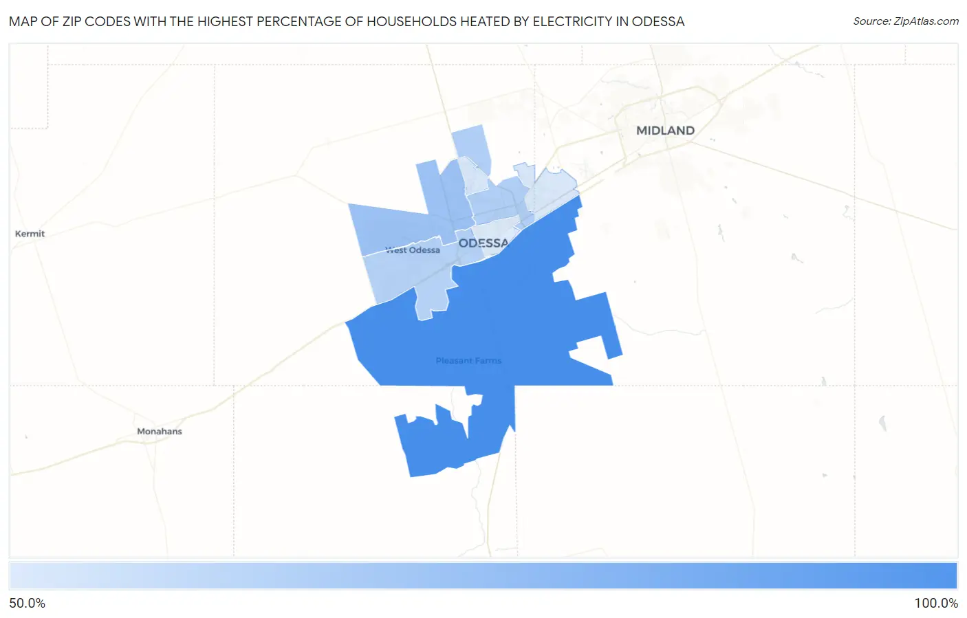 Zip Codes with the Highest Percentage of Households Heated by Electricity in Odessa Map