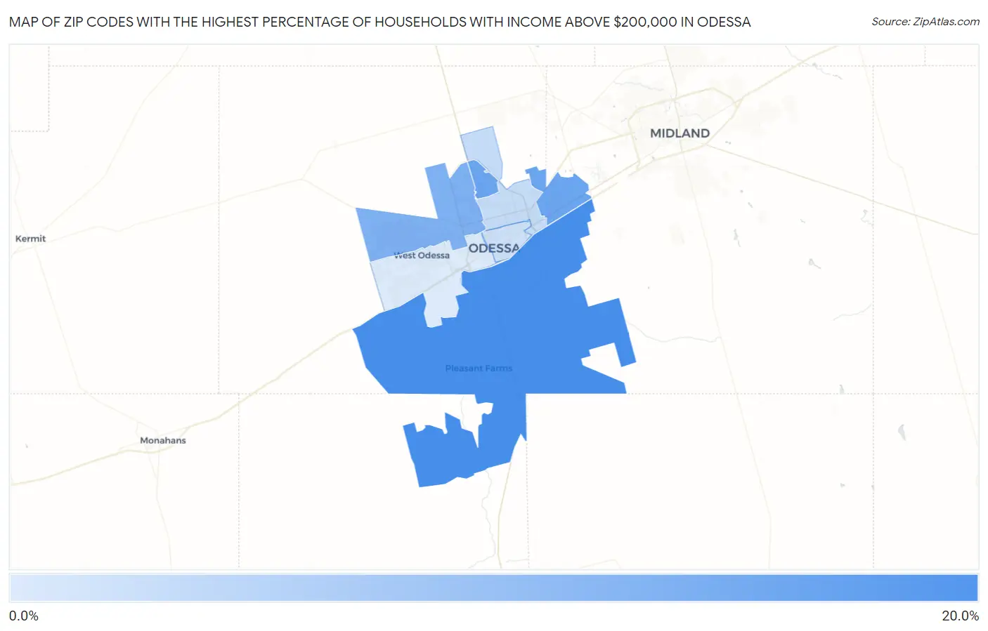 Zip Codes with the Highest Percentage of Households with Income Above $200,000 in Odessa Map
