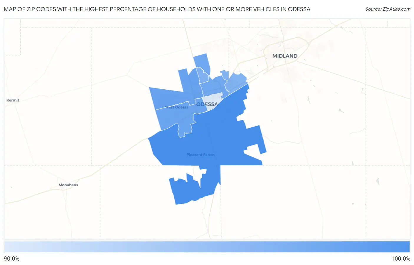 Zip Codes with the Highest Percentage of Households With One or more Vehicles in Odessa Map